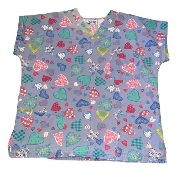 J.I.J. Scrubs Blue Hearts V Neck Scrub Top Pockets Pink Green - Picture 1 of 7